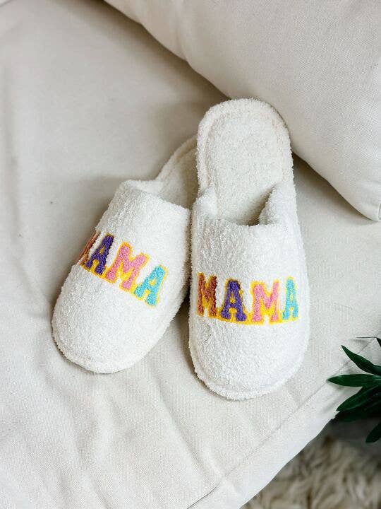 'MAMA' Embroidered Fuzzy Slippers