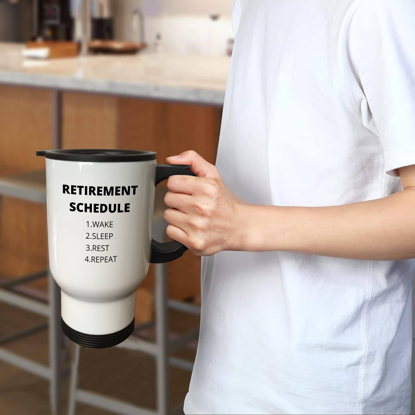 3dRose, retirement sched, wake,sleep,rest,repeat, Travel Mug