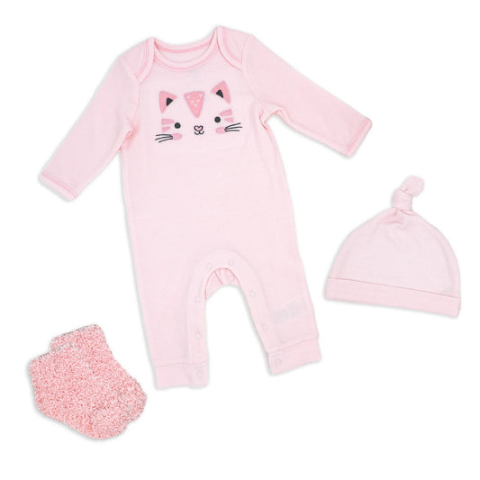 Girls 3 Piece Waffle Coverall Set: Kitty