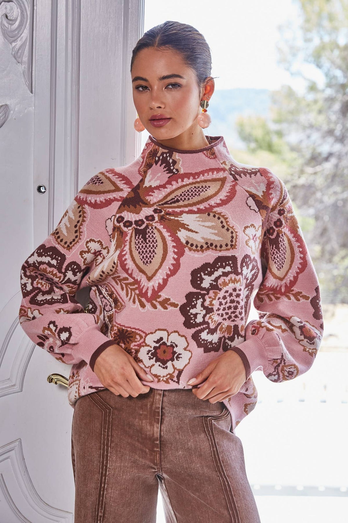 BOLD FLORAL & PAISLEY PATTERN FUNNEL NECKLINE SWEATER