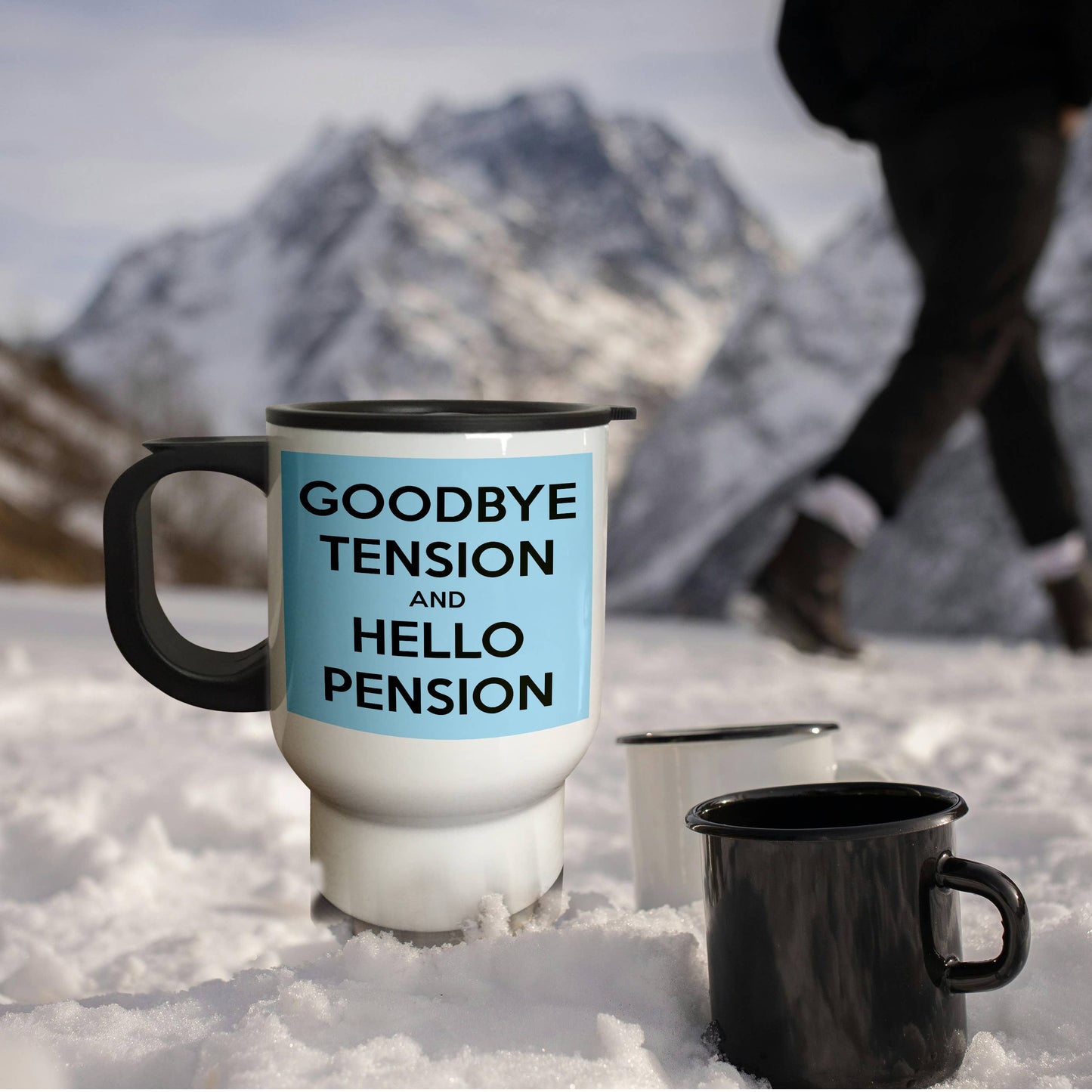 3dRose, Goodbye tension and hello pension. Blue and Black., Travel Mug