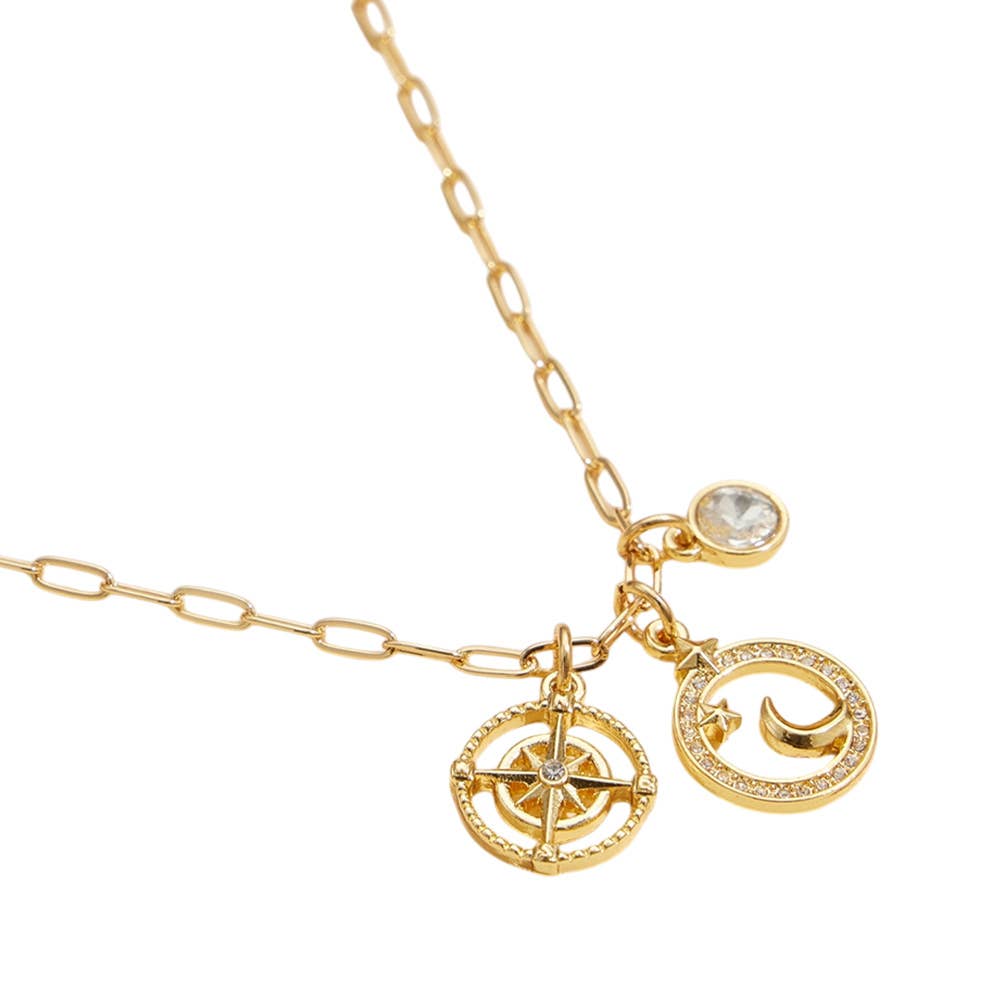 18K Gold Dipped Brass Paved Star Moon Chain Charm Necklace