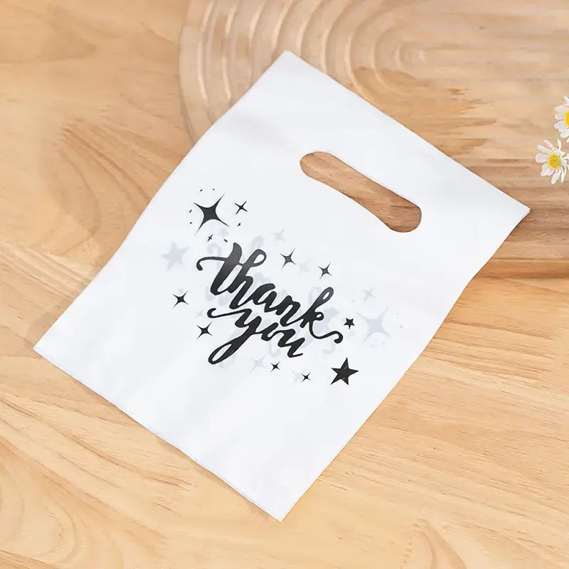100pcs, White Thank You Stars Cut-out Handle PVC Gift Bag