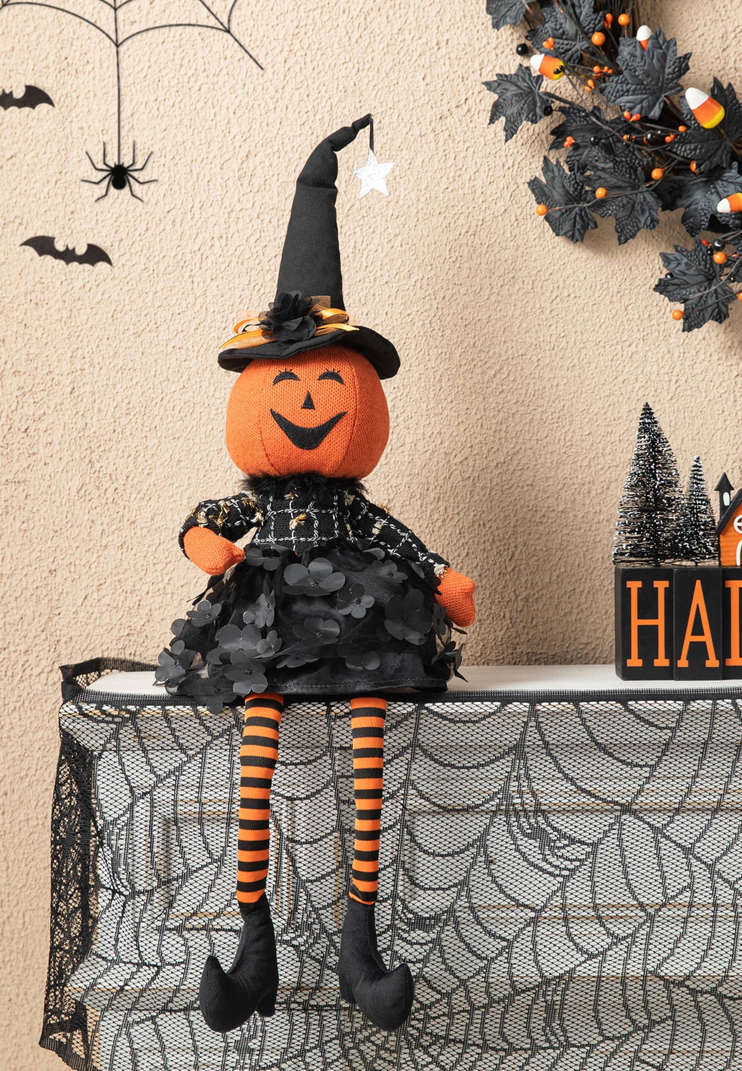 30"H Halloween Fabric Dressed Pumpkin Sitter