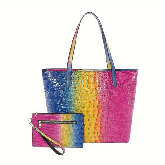 Glossy Colorblock Gradient Luxury Handbag For Women, Crocodile Pattern Tote Bag With Clutch Purse