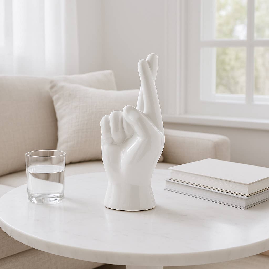 White 8 in. Ceramic Crossing Fingers Signal Hand Sculpture