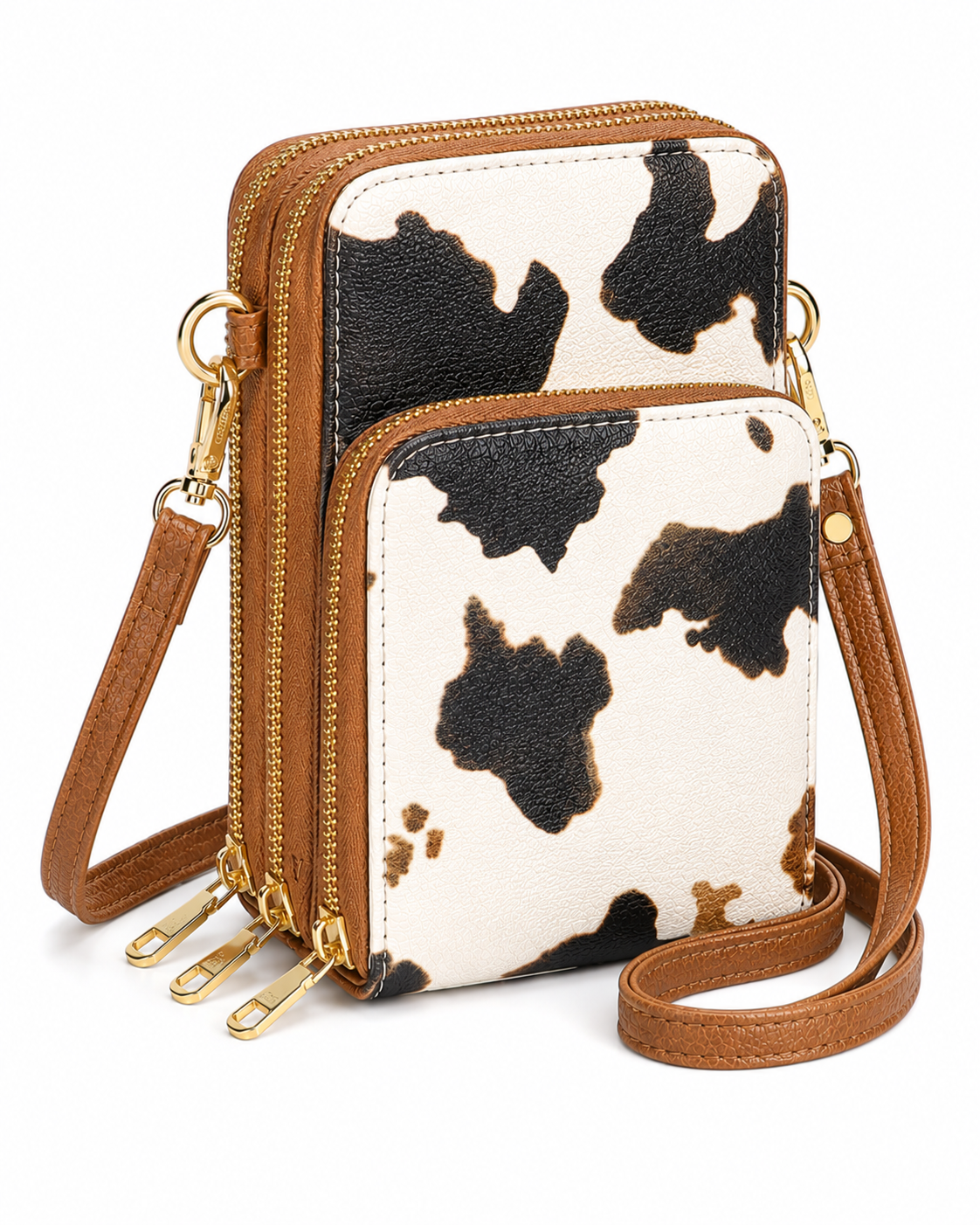 Triple Zip Vegan Leather Crossbody Wallet Bag with Strap