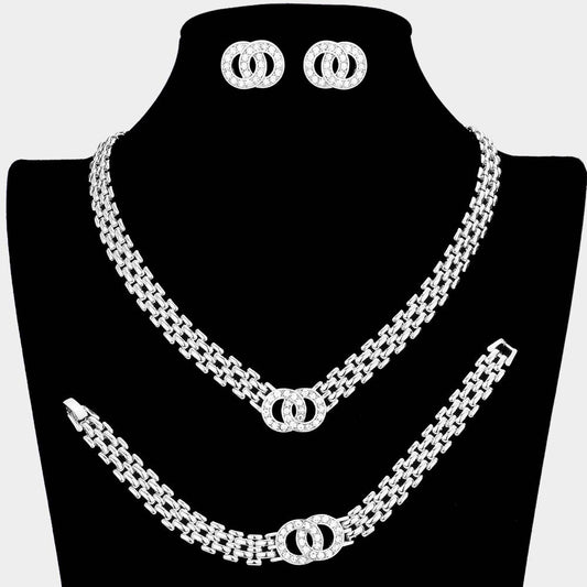 Stone Embellished Double Open Circle Link Necklace Set