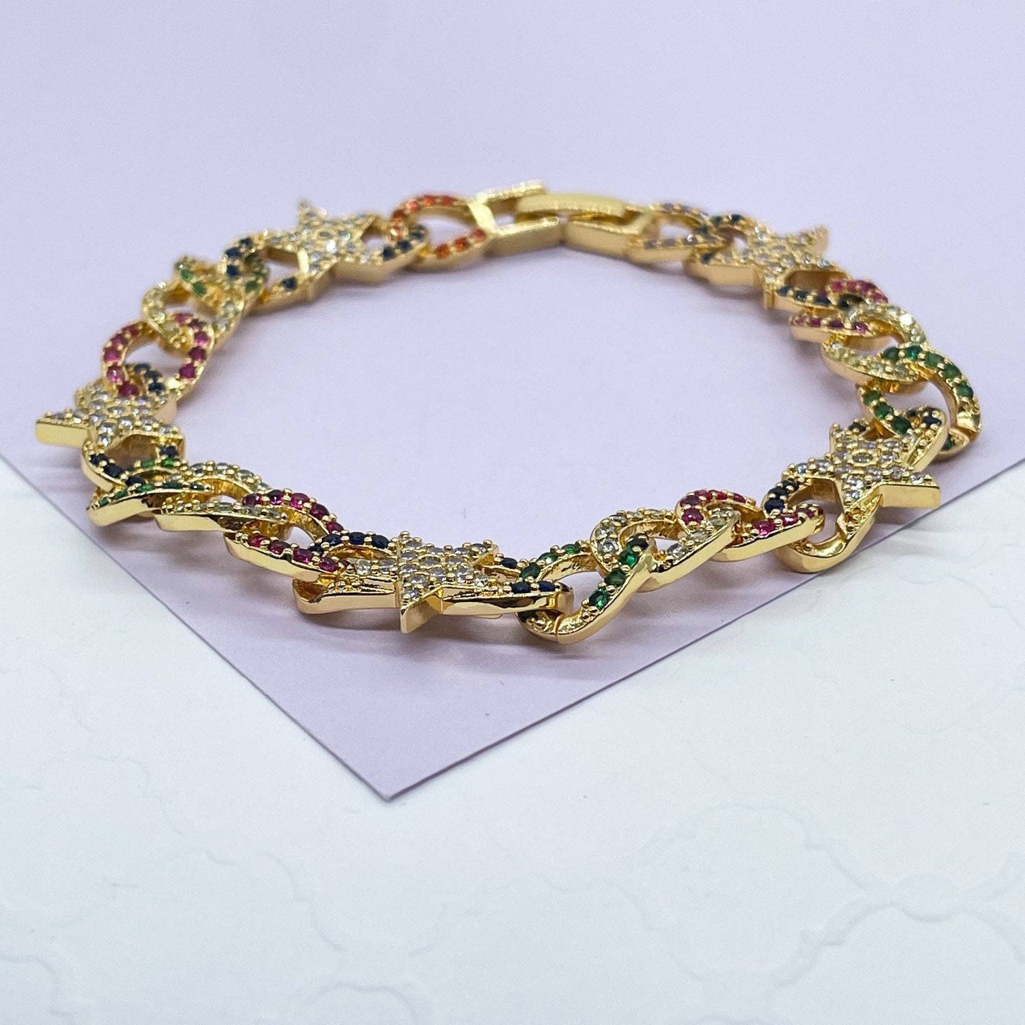 18k Gold Filled Colorful Zirconia Cuban Link Bracelet With Star Pattern