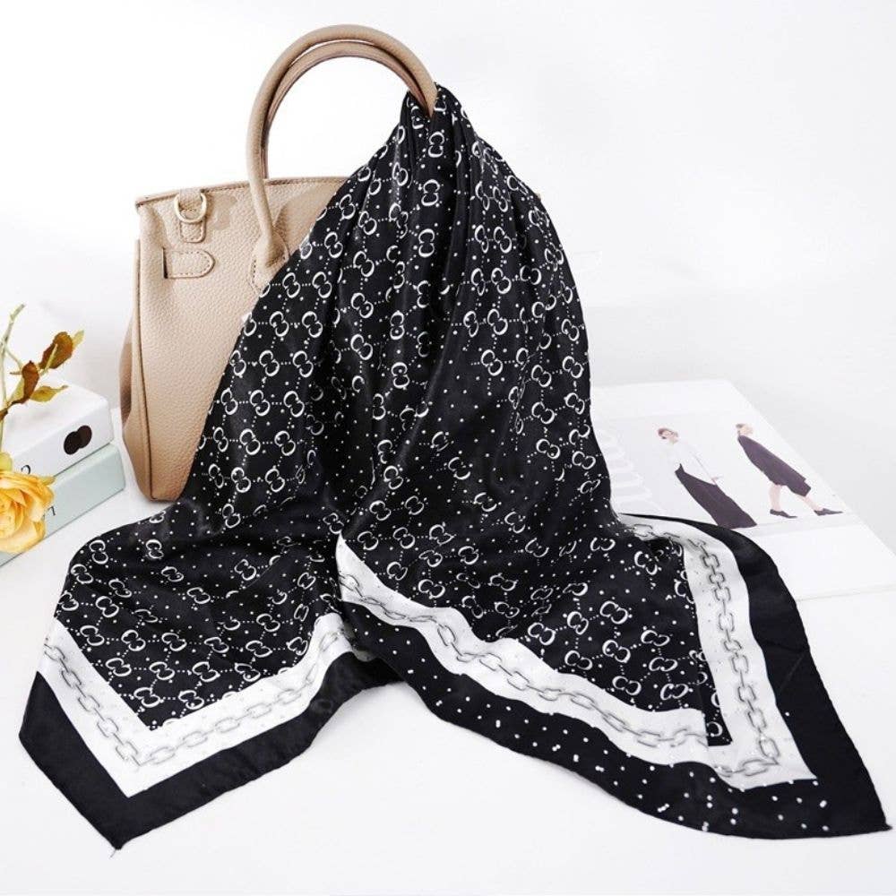 MONOGRAM BORDER PRINT SILKY SQUARE BANDANA NECK SCA, AS 787