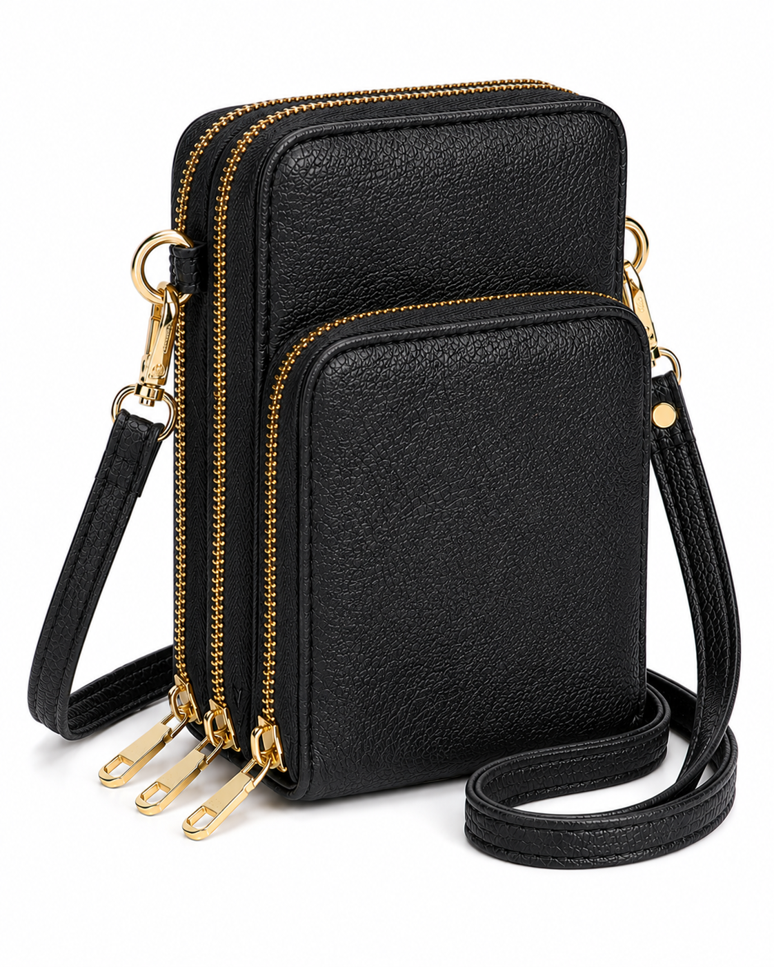 Triple Zip Vegan Leather Crossbody Wallet Bag with Strap
