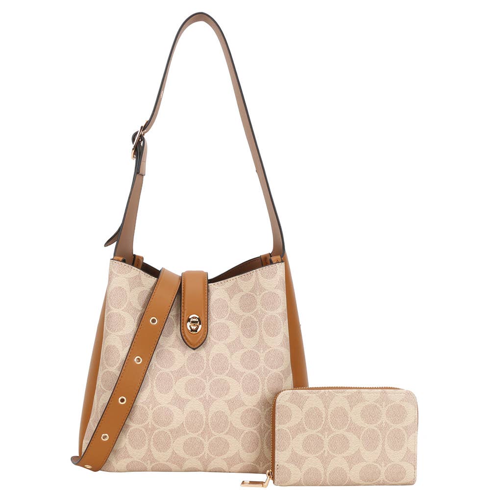 2IN1 OVAL PRINT SHOULDER HOBO BAG W WALLET SET, QFT 1327A