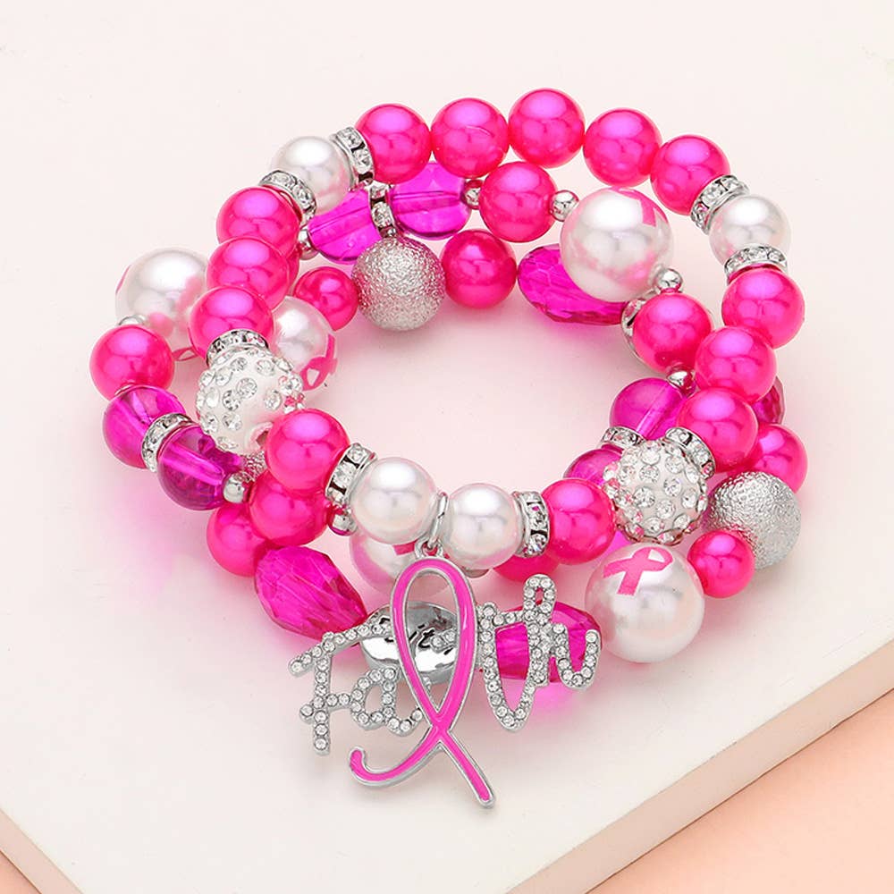 3PCS - Paved Pink Ribbon FAITH Charm Shamballa Bracelets