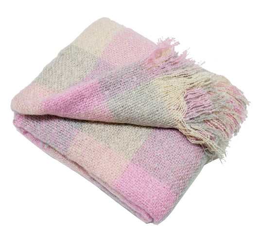 Pink-Multi Faux Mohair Plaid Fringed Throw Blanket