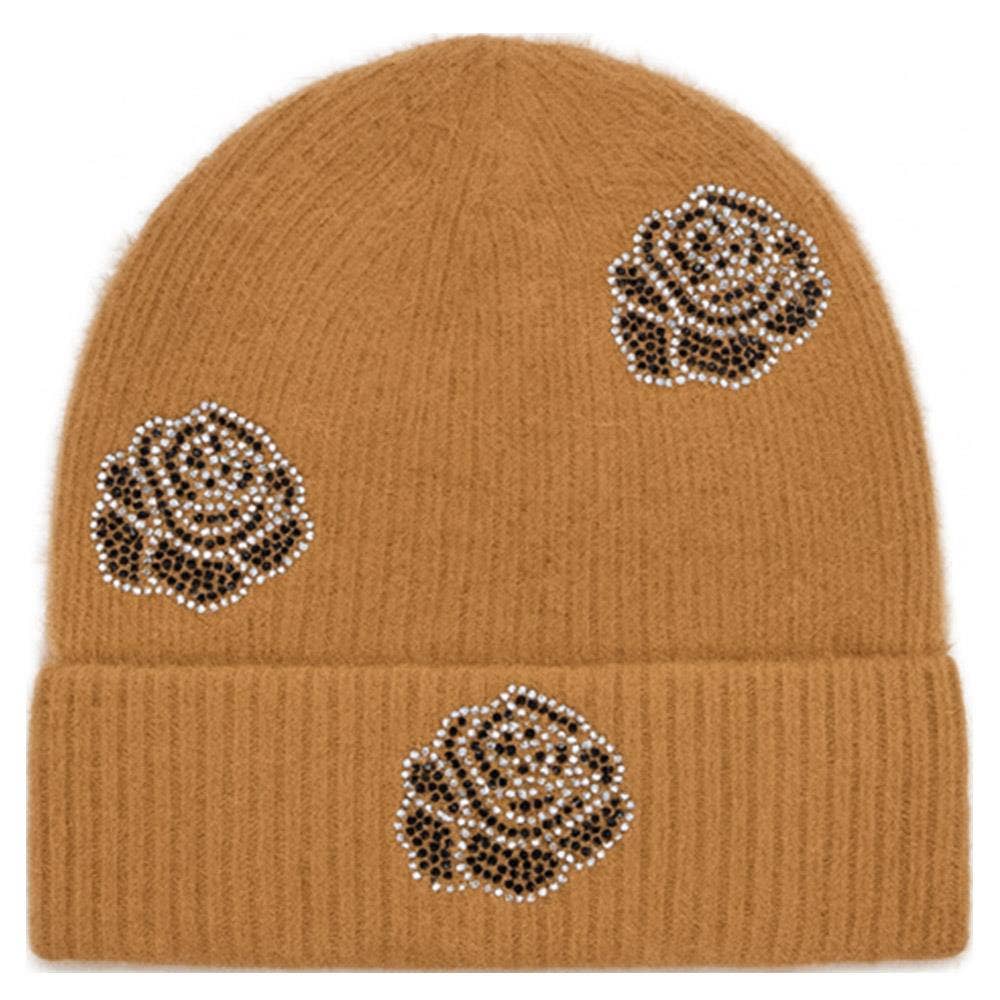 Rhinestone Rose Pattern Knit Beanie Hat AHT-91565