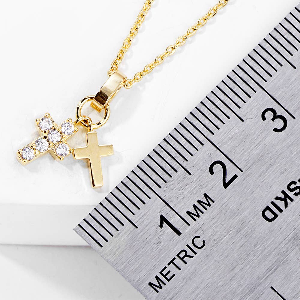 Gold Dipped CZ Stone Paved Double Cross Pendant Necklace