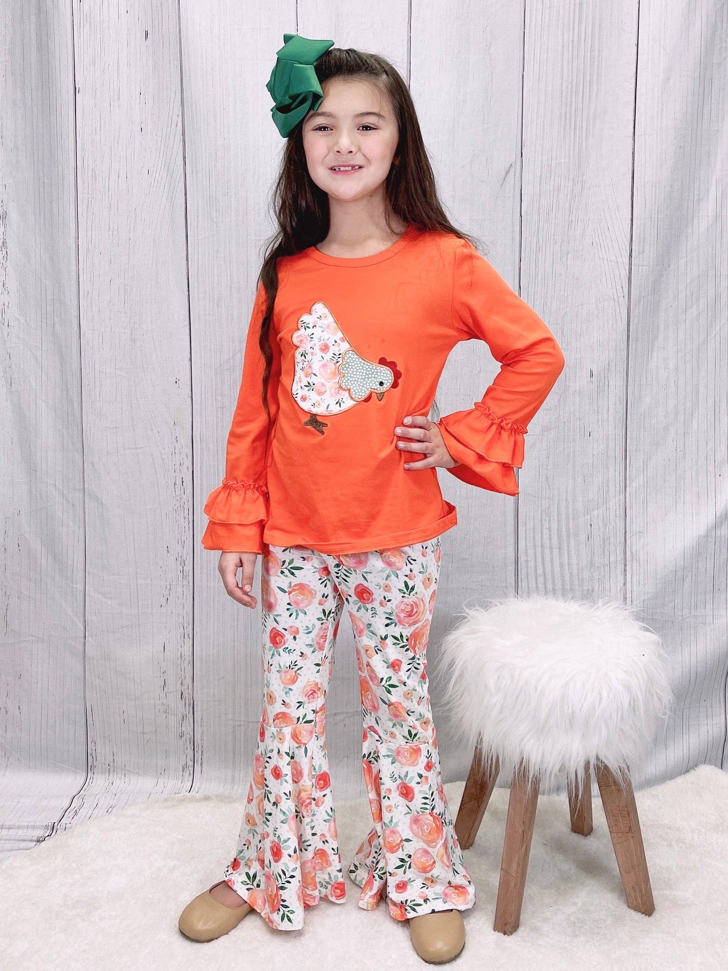 Orange Ruffle Floral Chicken Bell Bottom Outfit