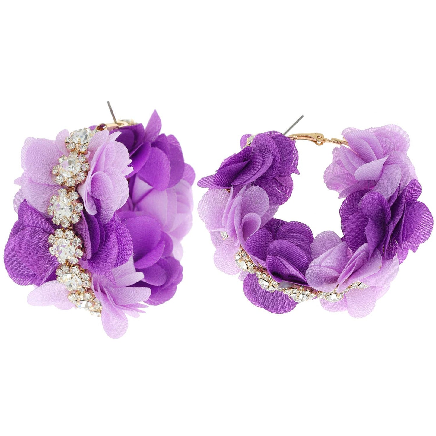 Boho Style Rhinestone & Fabric Flower Link Hoop Earrings