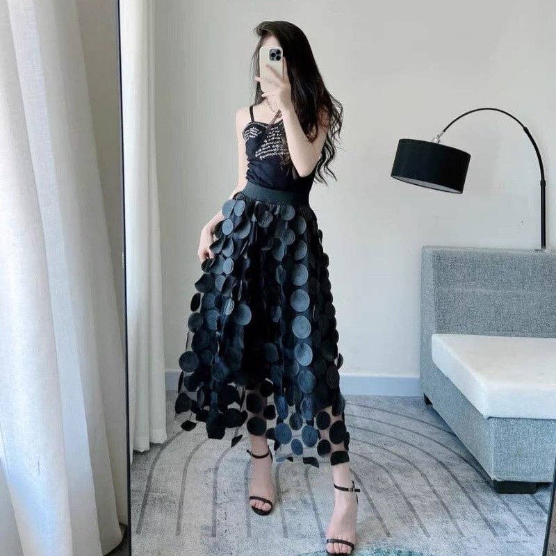 Women's High Waist Embroidered Polka Dot Midi Tulle Skirt