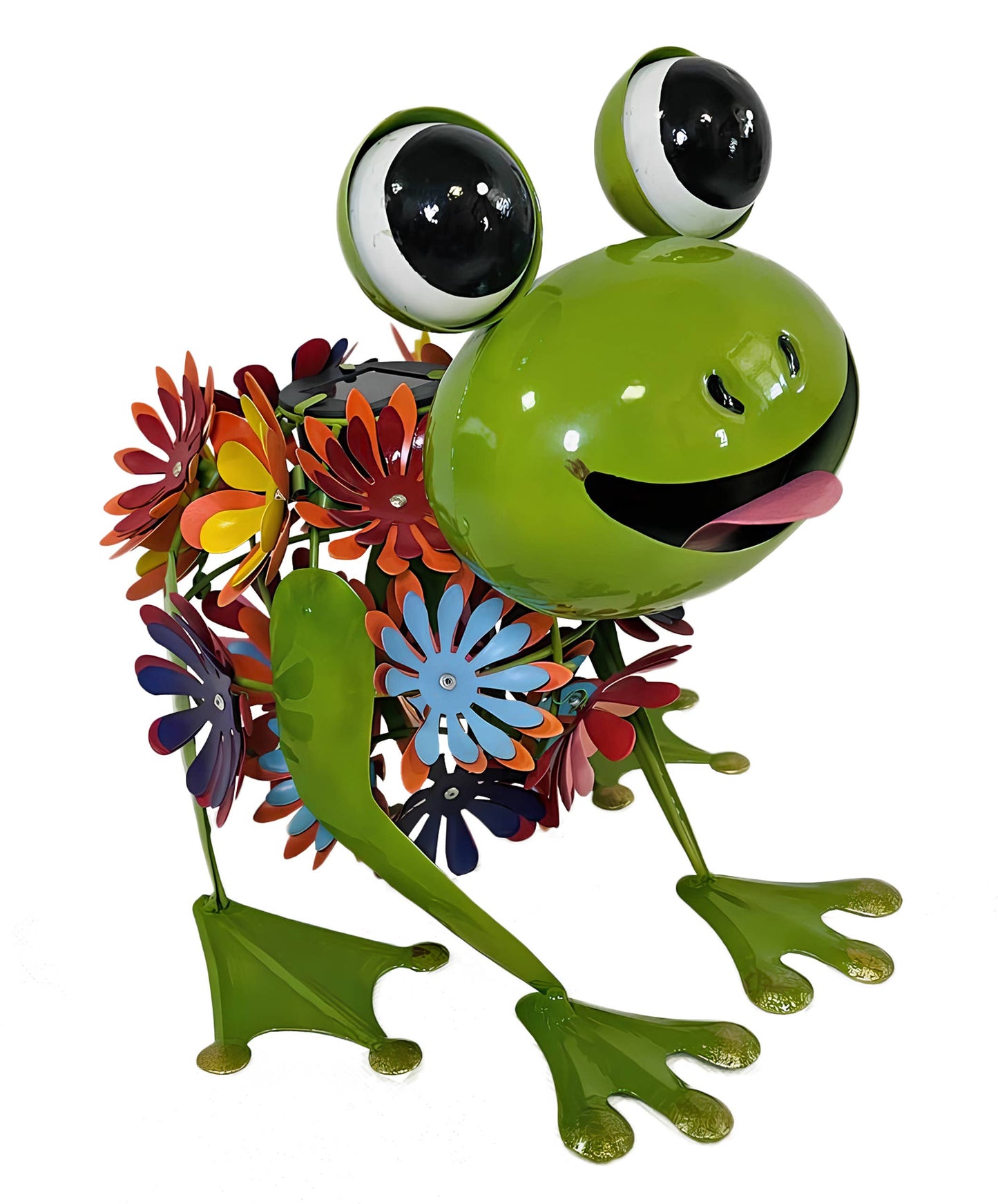 Solar Frog Statue with Colorful Metal Enameled Flower Body