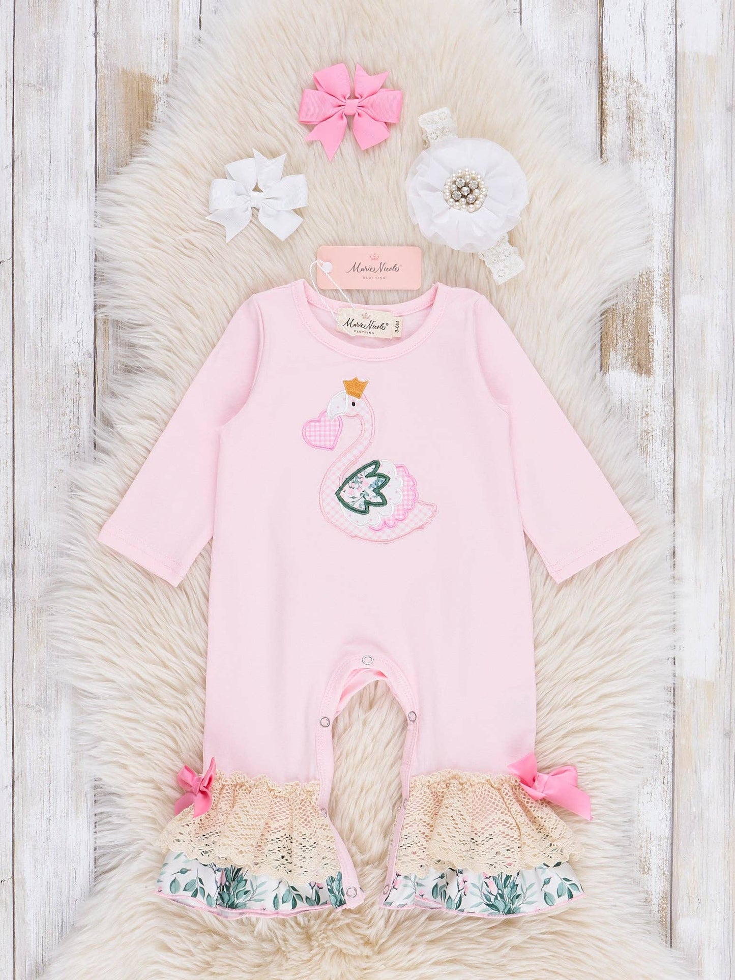 Pink Embroidered Heart Swan Ruffle Romper