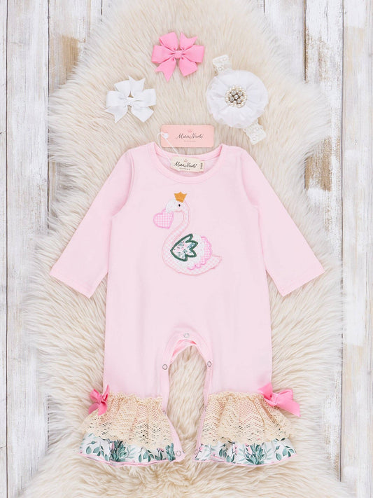 Pink Embroidered Heart Swan Ruffle Romper