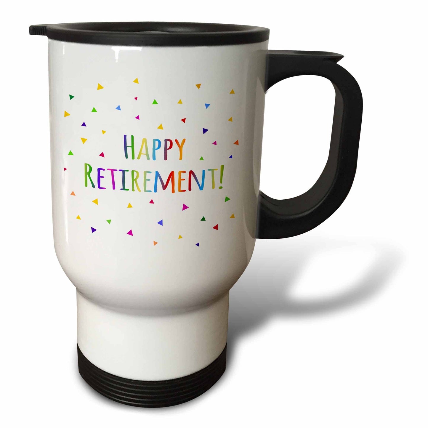 3dRose, Happy Retirement colorful rainbow text celebrating retiring from work, Travel Mug