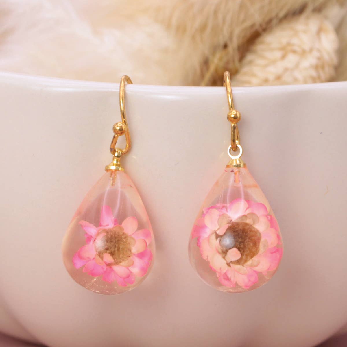 Pink Dried Flower Clear Teardrop Earrings