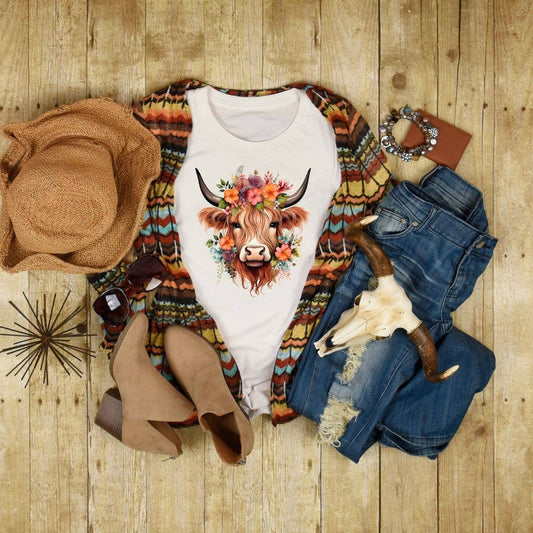 Boho Floral Western Highland Cow