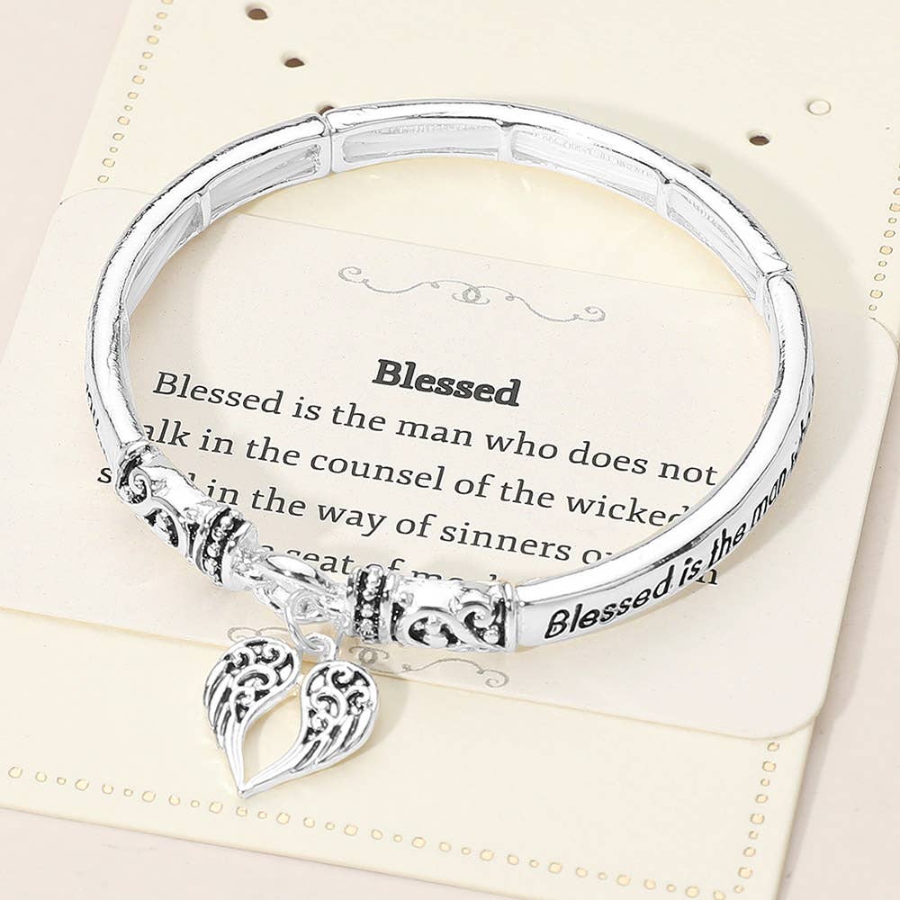 Blessed Inspirational Religious Message Heart Angel Wing Charm Stretch Bangle Bracelet