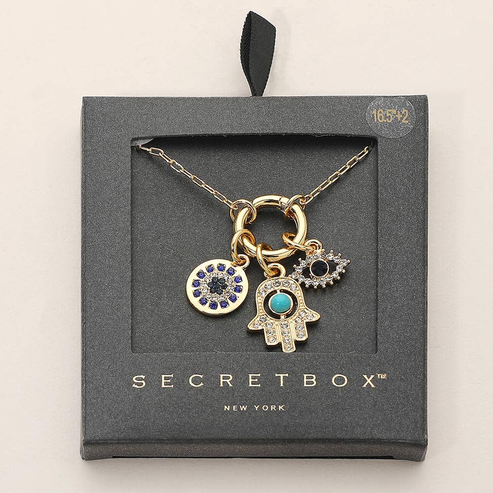 SECRET BOX_Hamsa Hand Evil Eye Round Charm Pendant Necklace