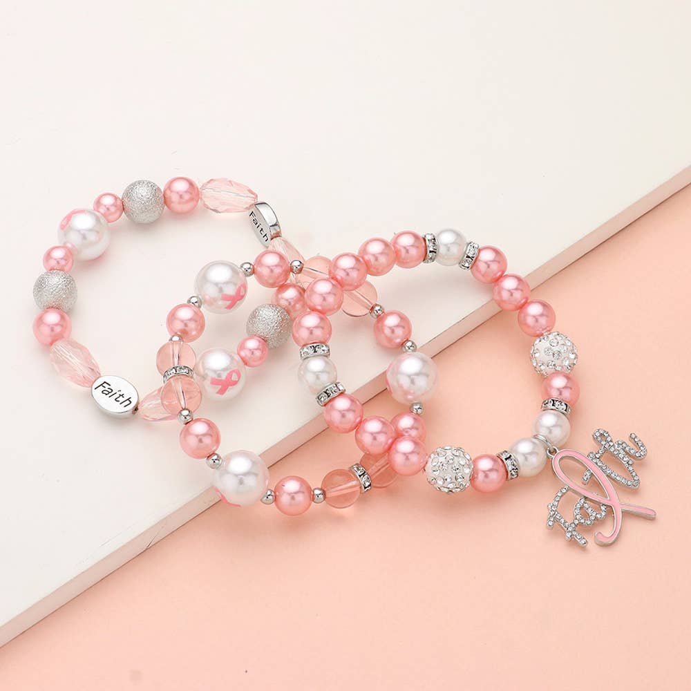 3PCS - Paved Pink Ribbon FAITH Charm Shamballa Bracelets