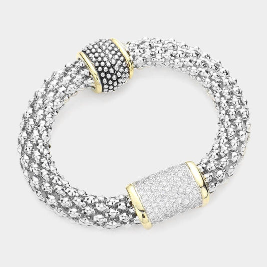 Two Tone CZ Stone Paved Rectangular Pendant Bracelet