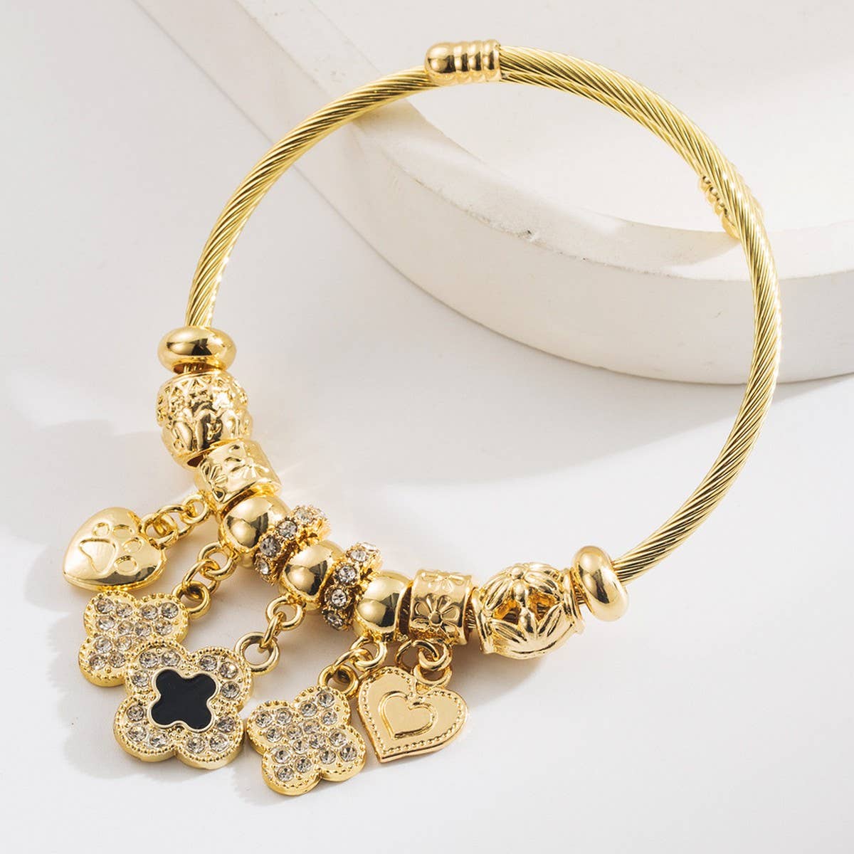 Trendy Gold Clover Heart Charm Bracelet_CWMM8491
