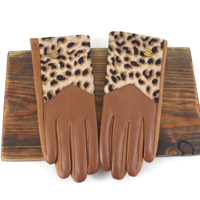 A26002 Faux Leather Leopard Contrast Gloves
