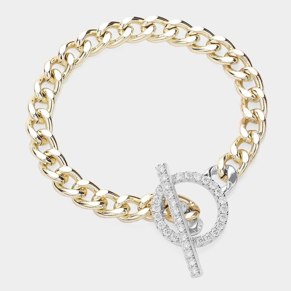 14K Gold Plated Chain CZ Stone Paved Toggle Bracelet