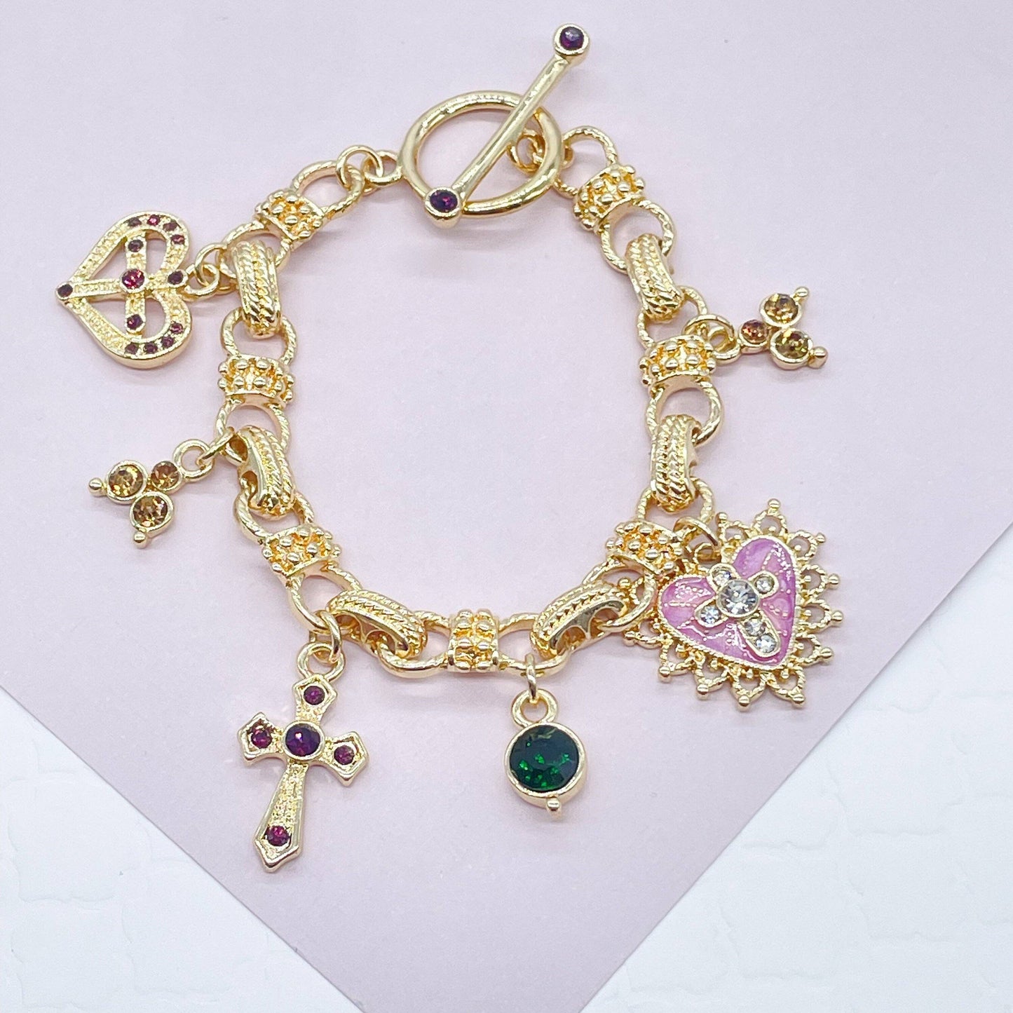 18k Gold Filled Protection Bracelet Featuring Enamel Charms,