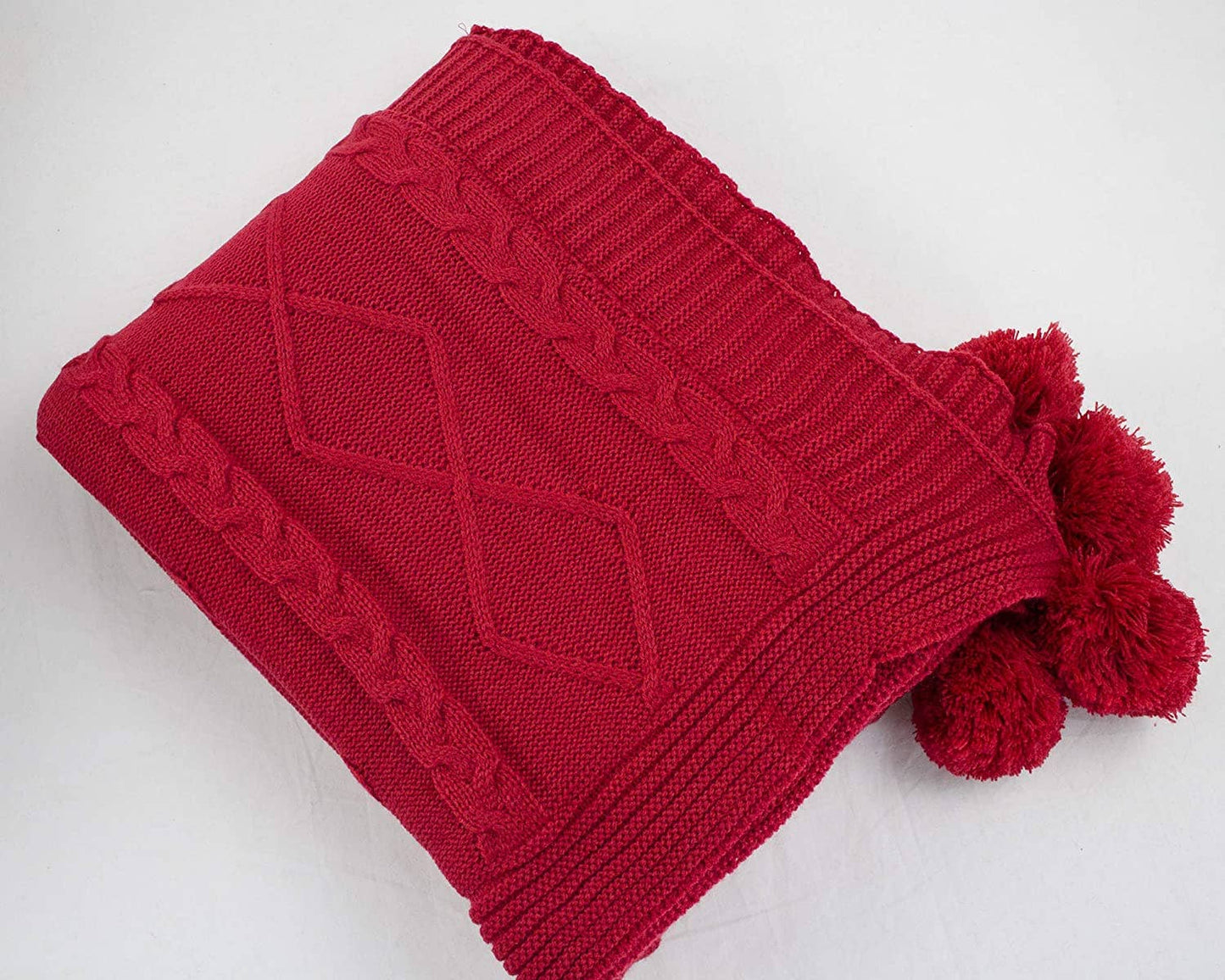 Red Luxe Faux Fur Cable Knit Pom Pom Throw Blanket