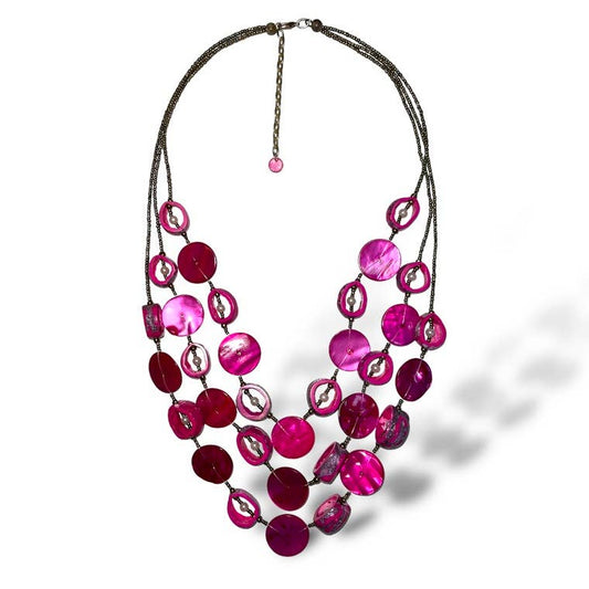 Triple Layered Shell Necklace in Fuchsia