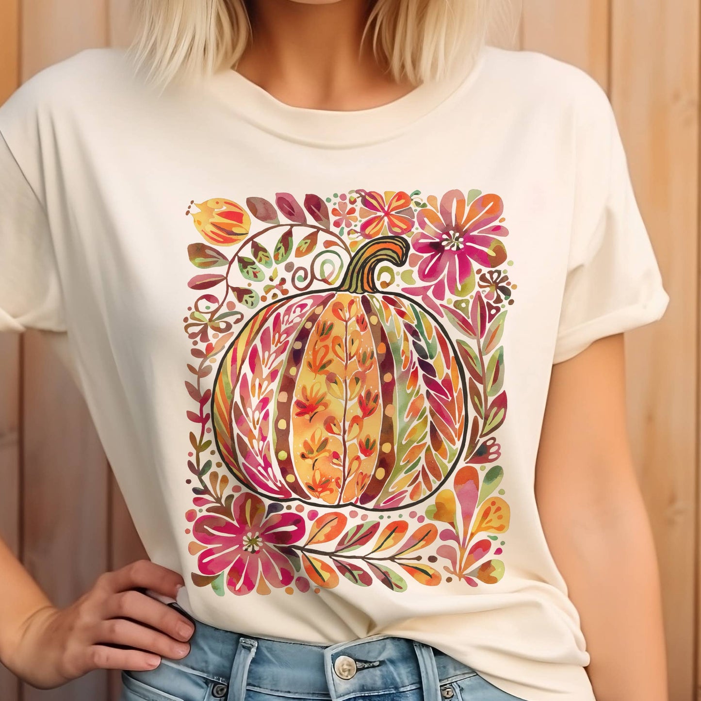 Autumn Floral Pumpkin Fall Leaves Thanksgiving Graphic Tee