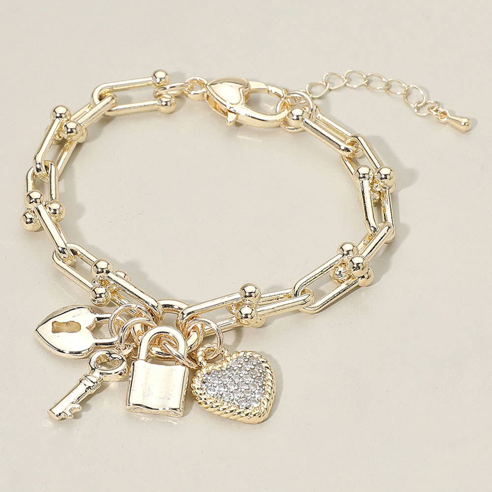 14K Gold Plated CZ Stone Paved Heart Key Lock Charm Industrial Link Chain Bracelet