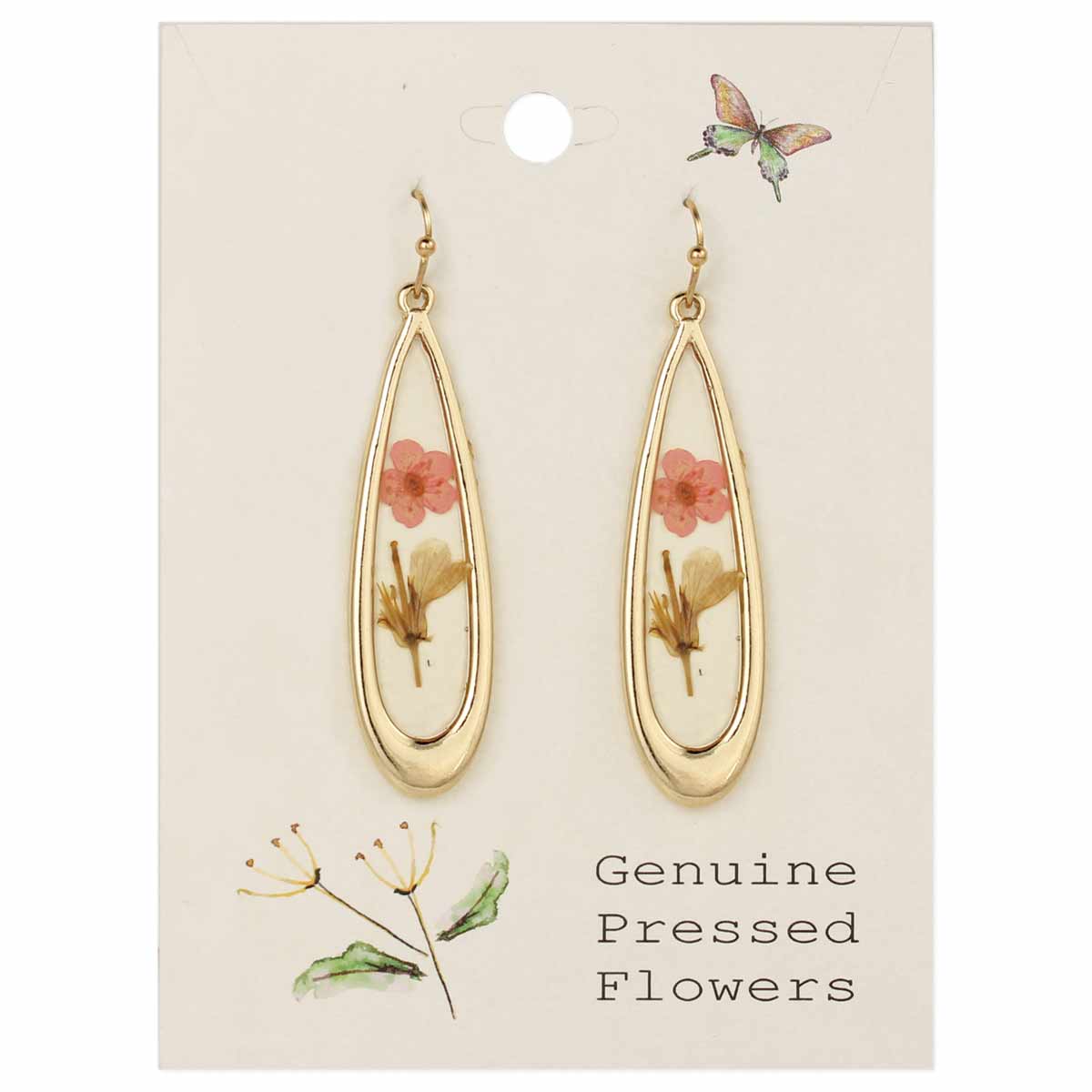 Pink Dried Flower Long Teardrop Gold Earrings