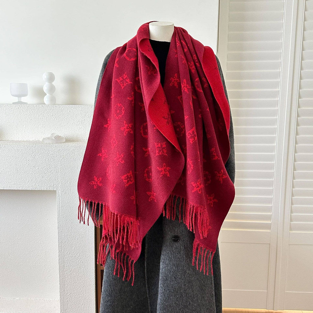 British-Style Geometric Reversible Jacquard Fringe Scarf