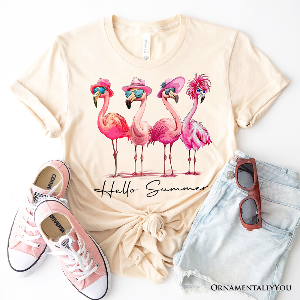 Flamingo Hello Summer T-Shirt, Retro Tee with Tropical Birds
