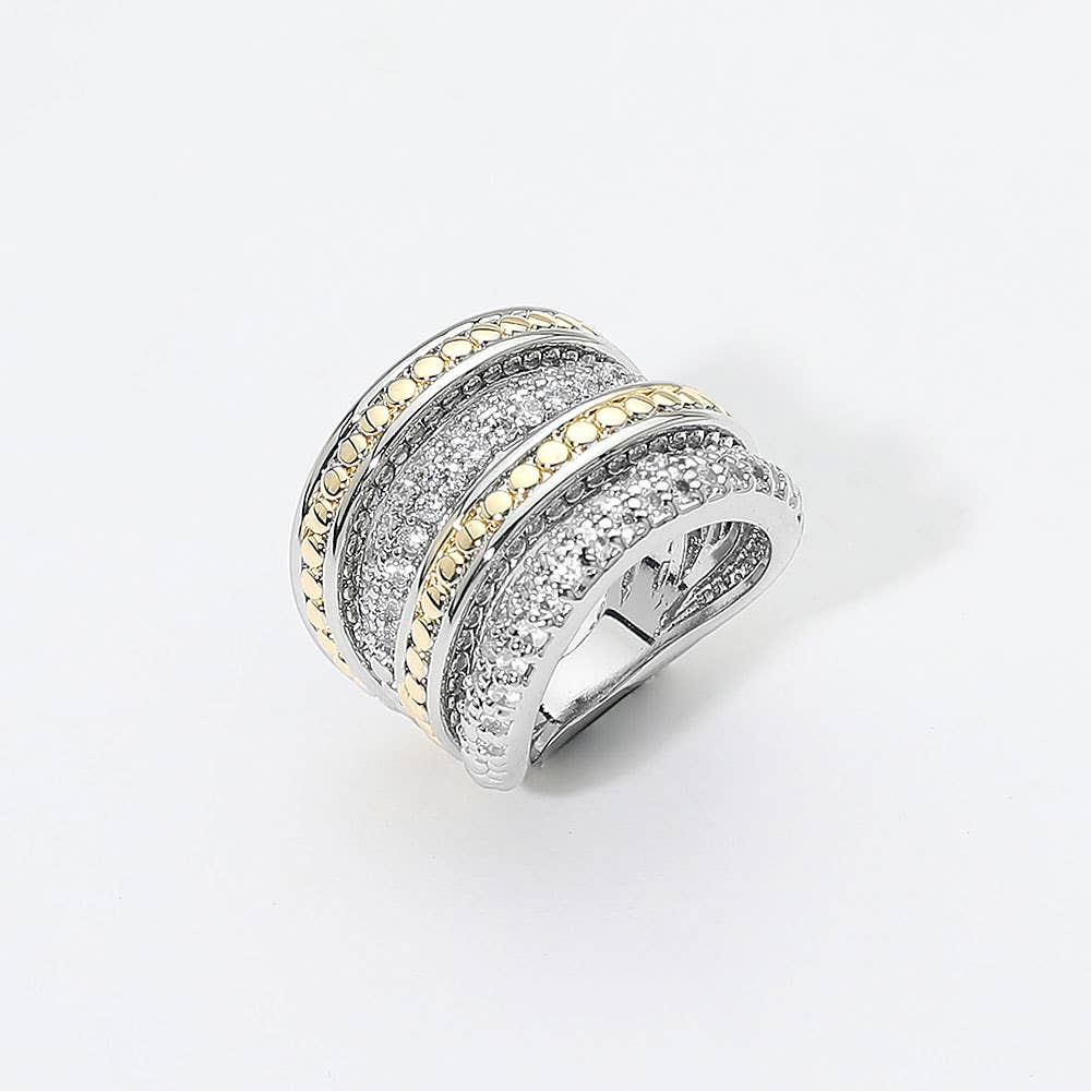 14k Gold Plated Two Tone CZ Pave Wide Band Ring