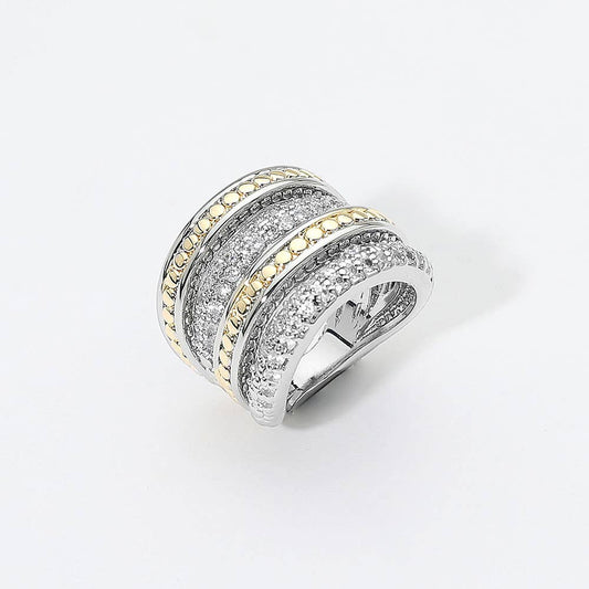 14k Gold Plated Two Tone CZ Pave Wide Band Ring