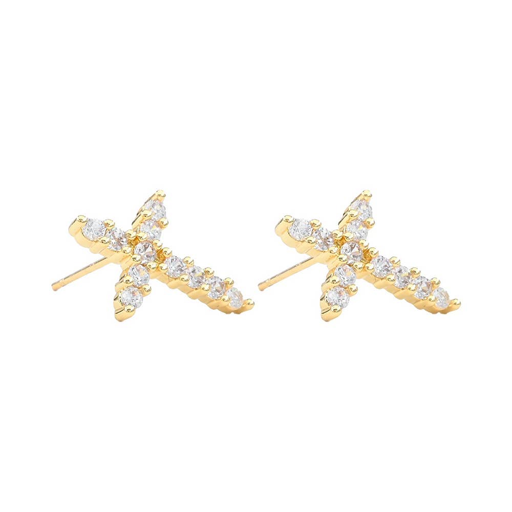 Gold Dipped Cross CZ Stone Stud Earrings