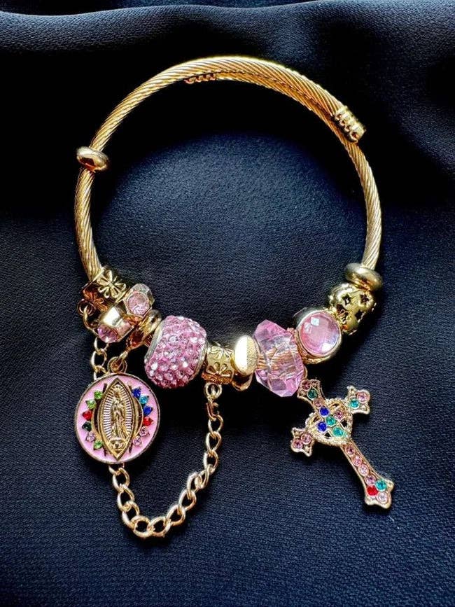 Pink Big Crystal & Faith Cross Charm Statement Bracelets-W