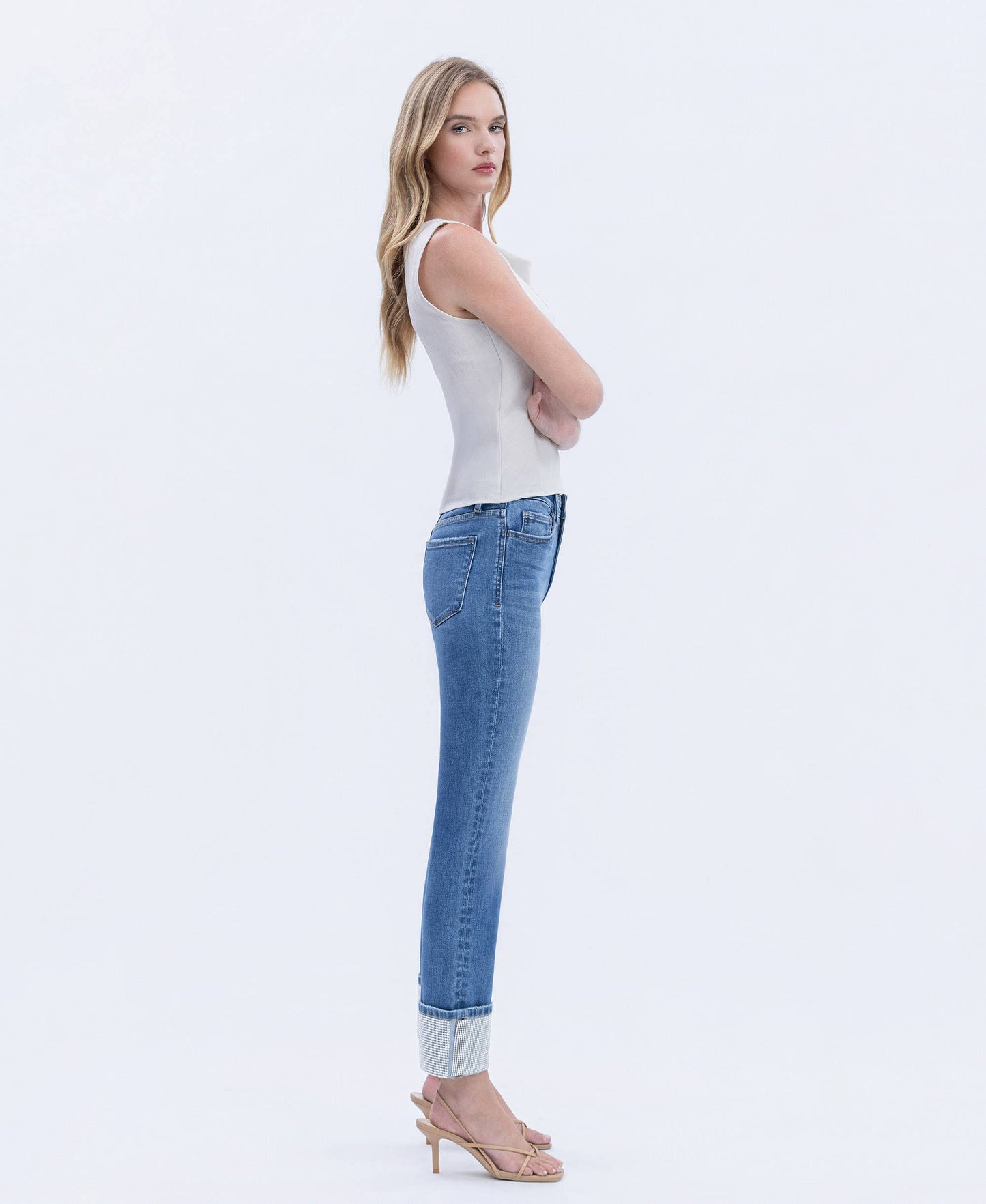 HIGH RISE RHINESTONE CUFFED SLIM STRAIGHT JEANS T7004