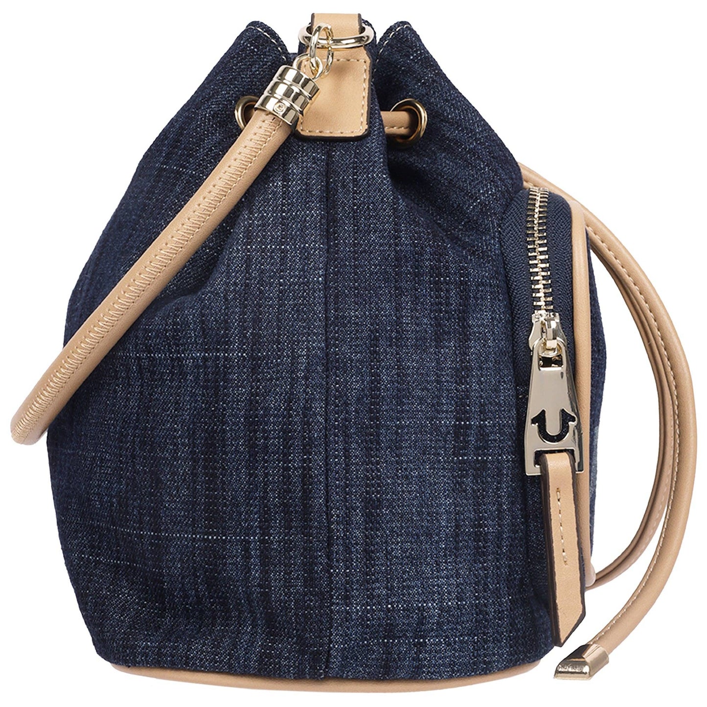 True Religion Bryce Denim & PU Bucket Bag – Women’s Designer Drawstring Bucket Handbag with Crossbody Strap (Dark Denim)